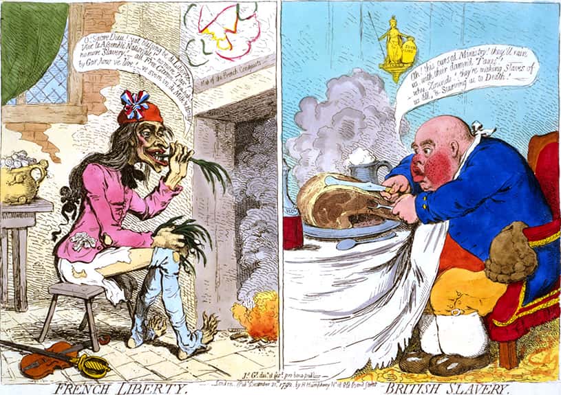 James Gillray cartoon titled French Liberty, British Slavery
