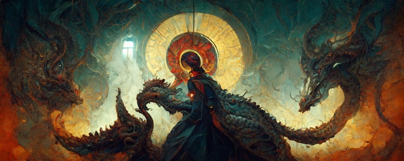 Image of cybernetic dragon attacking woman , orthodox icon style